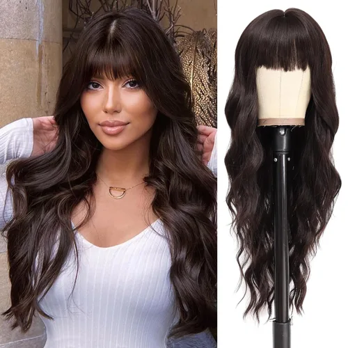 Vista 44 de NAYOO Pelucas marrones con flequillo para mujer, pelucas de cabello largo y ondulado, resistentes al calor, pelucas de fibra sintética para uso
