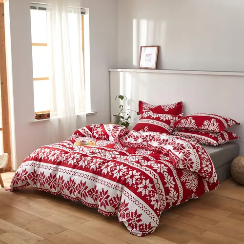 Vista 4 de UOZZI BEDDING Juego de funda de edredón de Navidad rojo con copo de nieve blanco, estilo festivo, tamaño King
