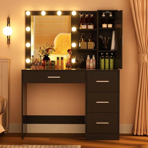 Vista 8 de usikey Tocador de maquillaje con luces, tocador con espejo y 10 luces LED, tocador para niñas con 4 cajones, armario y 4 ganchos para collares