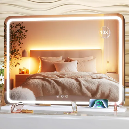 Vista 12 de Hasipu Espejo de tocador con luces, espejo de maquillaje LED de 32 x 24 pulgadas, espejo de maquillaje iluminado con 3 modos regulables, espejo