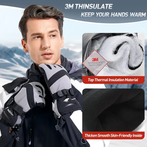 Vista 2 de Ski Gloves Waterproof Windproof - 3M Thinsulate Insulated Warm Snow Gloves, Snowboard Gloves with Zipper Pocket, Touchscreen Winter Gloves for Men