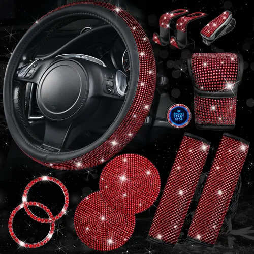 Vista 12 de CAR PASS Juego de fundas de asiento de coche con diamantes brillantes de 11 piezas, accesorios de coche con diamantes brillantes para mujer, funda