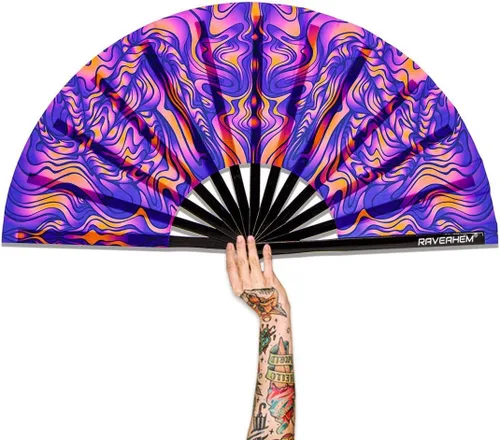 Vista 10 de Ventilador para rave con brillo UV, abanicos de mano plegables de bambú para hombres y mujeres, ventilador de botas en el suelo para decoración EDM