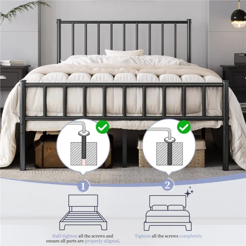 Vista 22 de Yaheetech Base de cama de tamaño individual con plataforma de metal con cabecero y estribo, no necesita somier, almacenamiento debajo de la cama