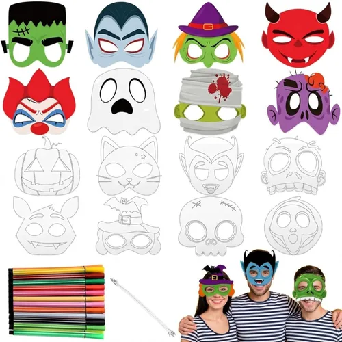 Lenwen 16 máscaras para colorear de Halloween, manualidades, colorea tus propias máscaras de Halloween, kits de manualidades de papel para trucos o