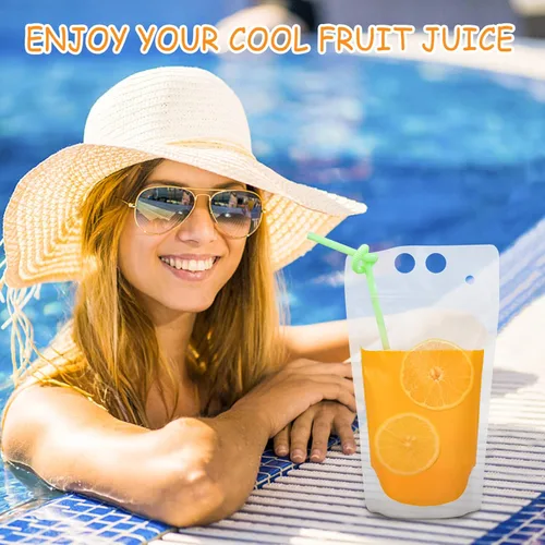 Vista 6 de Ozera 100 bolsas para bebidas, bolsas reutilizables de jugo de 16 onzas para adultos, bolsas de plástico resistentes para batidos con 100 popotes