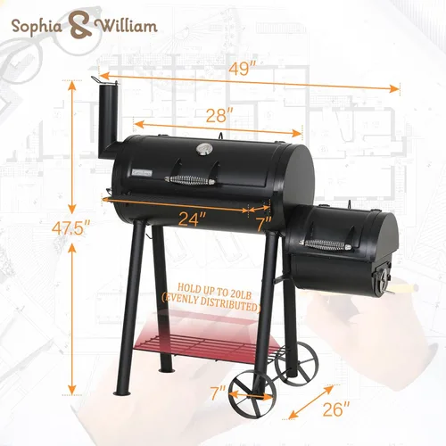 Vista 6 de Sophia & William - Parrilla de carbón con ahumador Offset, 512 pulgadas cuadradas, parrilla de barbacoa al aire libre con ahumador de carbón Offset