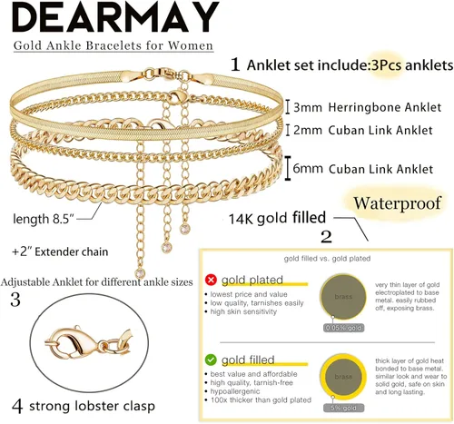 Vista 2 de DEARMAY Tobilleras de oro para mujer, tobilleras de oro de 14 quilates para mujer, impermeables, juego de tobilleras de eslabones cubanos en capas