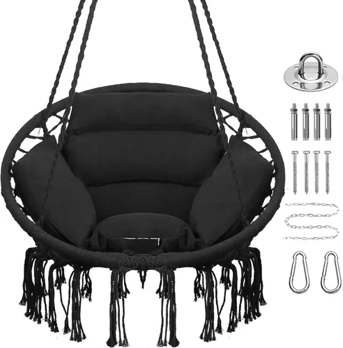 Vista 11 de Goutime - Silla hamaca con columpio colgante de macramé, con cojín y kit de herramientas, columpios boho para adultos para exteriores, patio, Beige