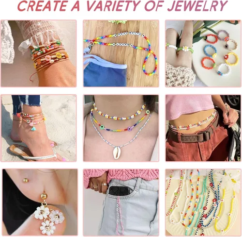 Vista 5 de QUEFE 62000 piezas 120 colores cuentas de semillas de vidrio para hacer joyas, cuentas mini de 2 mm con accesorios, kit de pulseras de amistad