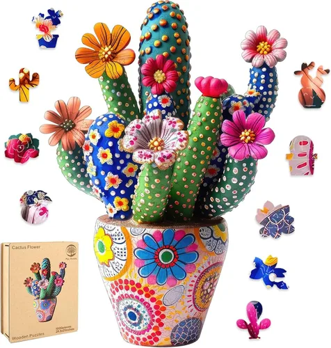Vista 17 de Mys Aurora Rompecabezas de madera de cactus para adultos, 200 piezas Flor de cactus