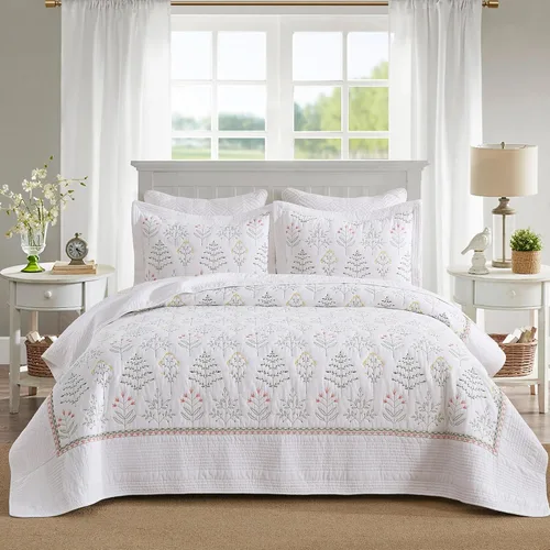 Vista 63 de MarCielo Juego de ropa de cama de 3 piezas, 100 % algodón, juego de colcha de gran tamaño, ligero y bordado, estilo rústico, T0