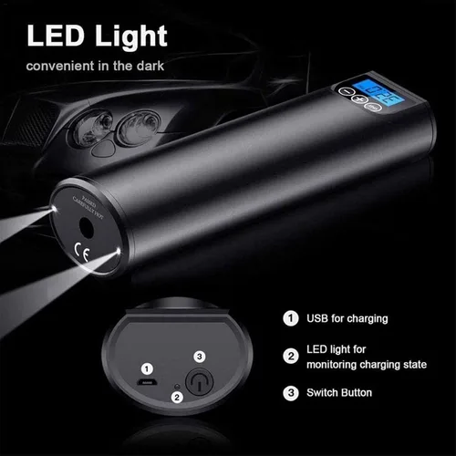 Vista 4 de Compresor de aire portátil Mini inflador de aire bomba de neumáticos de mano 2000mAh con luz LED LCD digital 12V AC DC batería de litio 120PSI