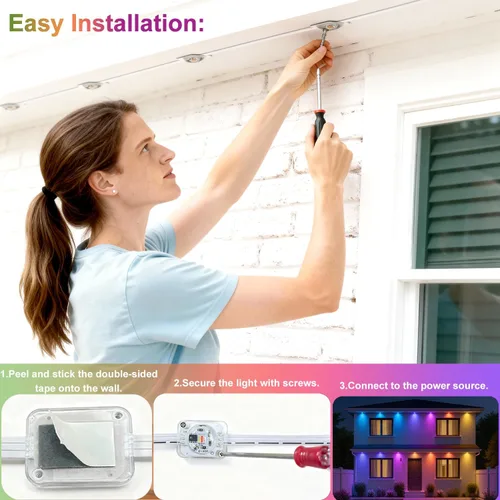 Vista 8 de Luces inteligentes permanentes para exteriores para casa, 50 pies con 18 luces LED RGB+IC, sincronización de música, iluminación de aleros