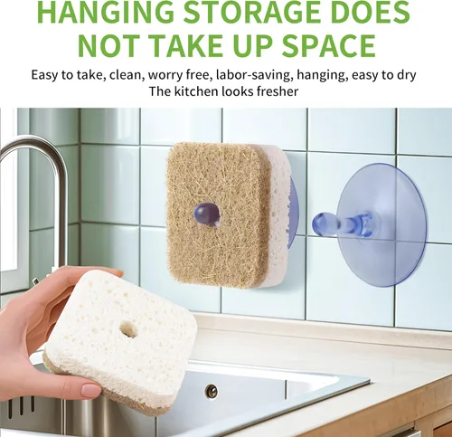 Vista 3 de Paquete de 12 Kickleen Esponjas Naturales para Fregar Platos de Cocina con Colgador de Succión Biodegradables Compostables de Celulosa y Coco