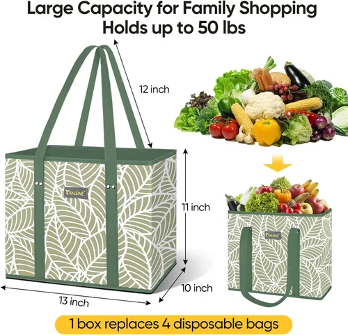 Vista 4 de BALEINE 1 paquete de bolsas reutilizables para comestibles, bolsas de compras plegables para comestibles con parte inferior reforzada y asas Follaje