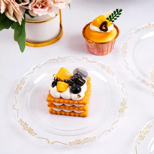 Vista 5 de LIYH 200 Piezas Platos de Postre de Plástico Transparente Dorado 7.5" y Tenedores para Pastel 5" - Platos de Plástico Pequeños Transparentes