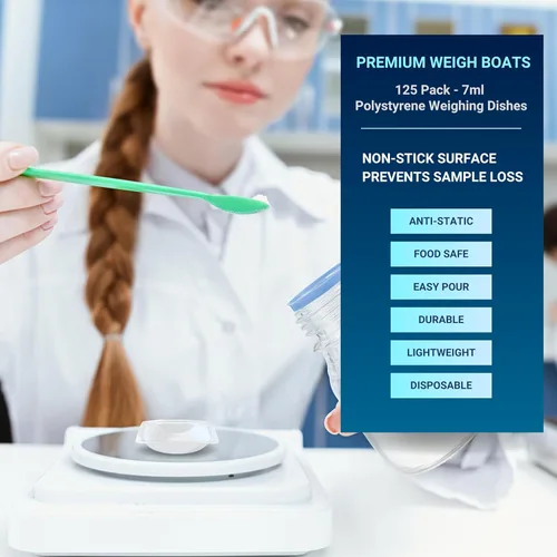 Vista 2 de Weigh Boats - Bandejas de plástico desechables pequeñas (0.2 fl oz, paquete de 125) para báscula, bandeja cuadrada antiestática, plato
