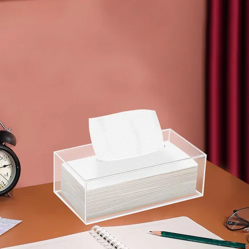 Vista 4 de Soporte para caja de pañuelos de acrílico transparente, dispensador rectangular para baño, tocador de dormitorio, encimera, escritorio