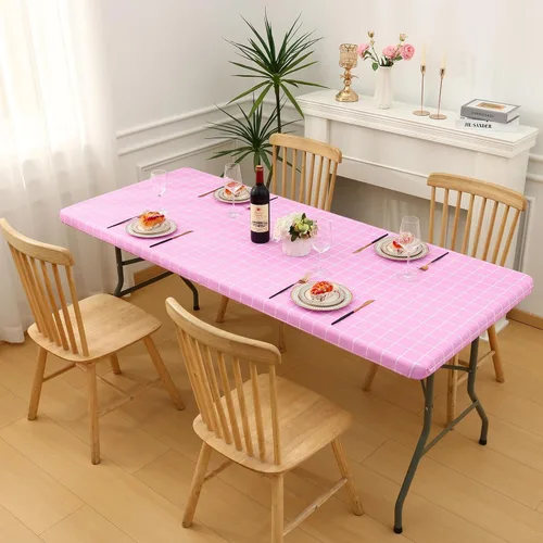 Vista 156 de Mantel rectangular, manteles de plástico elásticos ajustables con parte trasera de franela para mesas de 4 pies, manteles de vinilo impermeables