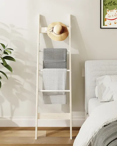 Vista 13 de Escalera para manta para sala de estar, estante decorativo para edredón con 4 ganchos extraíbles, 5 niveles de soporte de escalera de granja Blanco