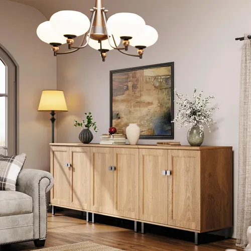 Vista 9 de FENSULN Gabinete de aparador de buffet multifuncional de casa de campo Moderna con estantes ajustables para cocina, barra de café, sala de estar