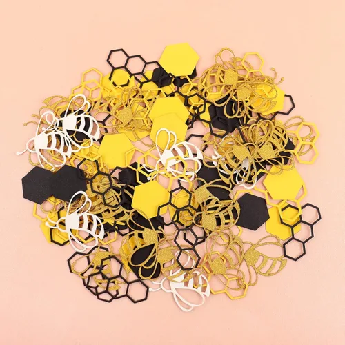 Vista 2 de 100 unidades de confeti de abejas de abejas círculos de panal hexagonal amarillo negro papel confeti para abejas tema abejas decoración de mesa
