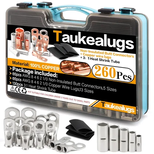 Vista 13 de Kit de 260 terminales de anillo de batería AWG8 de calibre 4 6 2 1/0 y conectores a tope no aislados, 65 lengüetas de férula de crimpado sin