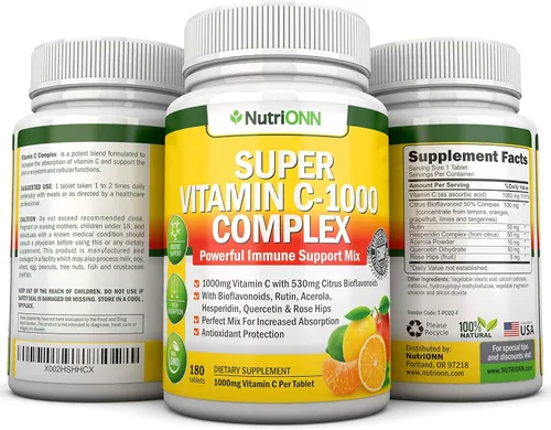 Vista 6 de Complejo de súper vitamina C – 1695 mg – 180 tabletas – Con 530 mg de bioflavonoides cítricos naturales, escaramujos, rutina, quercetina