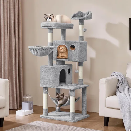 Vista 21 de Yaheetech - Árbol para gatos de 64.5 pulgadas con poste rascador, cama para gatos con cubierta de felpa y hamaca, plataforma, percha para gatos