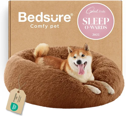 Vista 64 de Bedsure - Cama calmante para perros pequeños y medianos, lavable, con forma de dona, antideslizante, afelpada, esponjosa, pelo sintético, cama