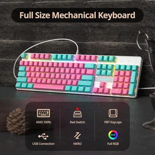 Vista 2 de Teclado RGB rosa para juegos, teclado mecánico con cable de 104 teclas con teclado numérico, interruptor rojo lineal NKRO, tamaño completo