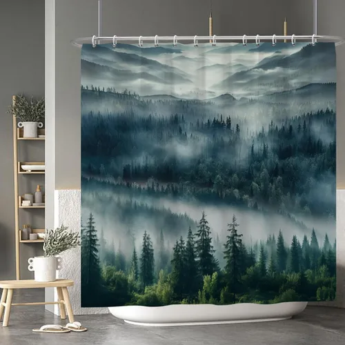 Vista 180 de Baocicco Cortina de ducha de mármol azul abstracto a rayas, decorativa, textura de lujo, línea moderna, decoración de acuarela, juego de cortinas