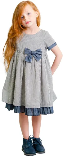 Dakomoda Vestido de fiesta de rayas con lazo azul marino mezcla de algodón y lino en una línea de Pascua