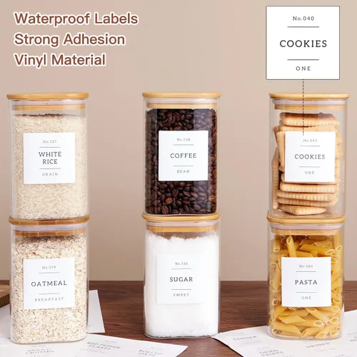 Vista 3 de CZZGSM Paquete de 6 tarros cuadrados de almacenamiento de cocina con tapas herméticas de bambú y 132 etiquetas de despensa, recipientes de vidrio