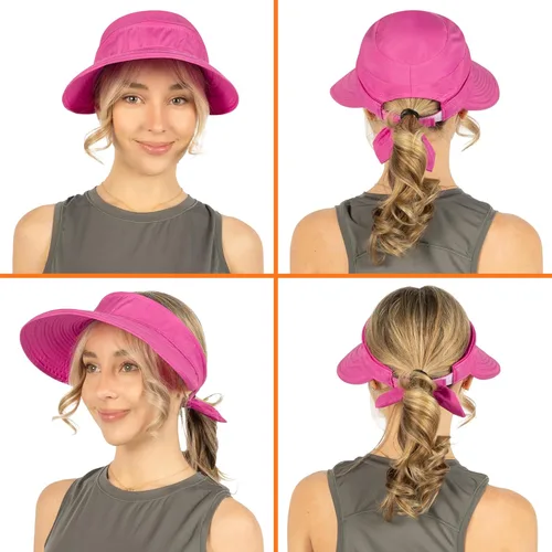 Vista 58 de SUN CUBE Sombrero de sol para mujer para protección UV al aire libre, sombrero de sol de ala ancha, cola de caballo, sombrero de playa convertible