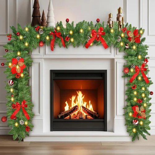 Vista 7 de Guirnalda de Navidad con luces, guirnalda de Navidad preiluminada de 9 pies con 30 luces LED con piñas, flores, lazos, decoración de Navidad