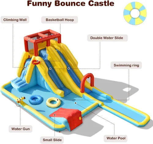 Vista 8 de BOUNTECH Tobogán acuático inflable, tobogán de surf de elefante, parque acuático para niños, castillo hinchable con 2 piscinas de chapoteo, cueva