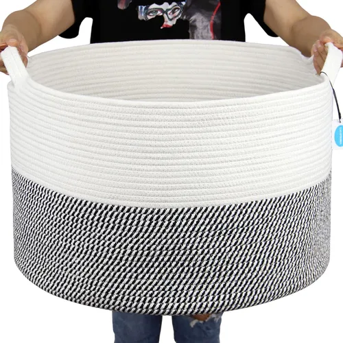 Vista 15 de Casaphoria Cesta de cuerda de algodón XXXL para sala de estar, cesta de almacenamiento tejida con asa para mantas, toallas y almohadas, cesta