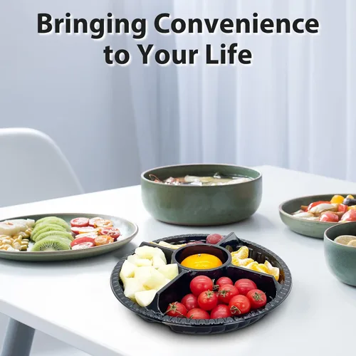 Vista 7 de 12 bandejas desechables para frutas, bandeja redonda de plástico para servir aperitivos con tapa, 5 compartimentos, platos de fiesta, recipientes