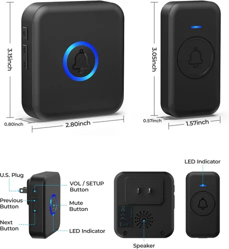 Vista 9 de FOVKSUC Timbre inalámbrico, timbre de puerta impermeable con 60 campanadas, 5 niveles de volumen y 2 modos silenciosos, timbres de puerta
