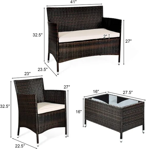 Vista 4 de Tangkula Juego de muebles de patio de ratán de 4 piezas, con mesa de centro de vidrio templado, juego de mesa de sofá para exteriores, con cojín