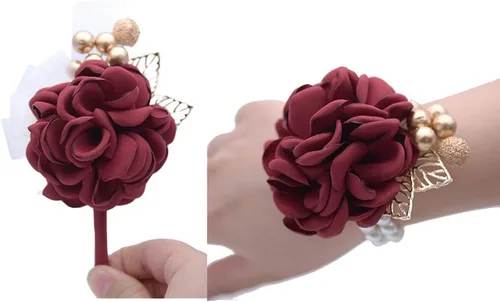 Ramillete de muñeca de rosa de satén y boutonniere para boda, novia, dama de honor, pulsera de ramillete de muñeca y novio para hombre, novio,