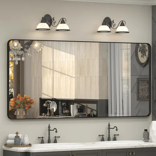 Vista 54 de Espejo rectangular para pared de baño de 20x30 pulgadas con marco negro mate, espejo de tocador con esquinas redondeadas, espejo de baño de metal