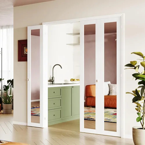 Vista 32 de Puerta Plegable de 180 Grados, para Aberturas de Puerta de Despensa de 24″x 80″, Puerta Plegable Blanca 1-Lite con Vidrio Esmerilado con Conjunto