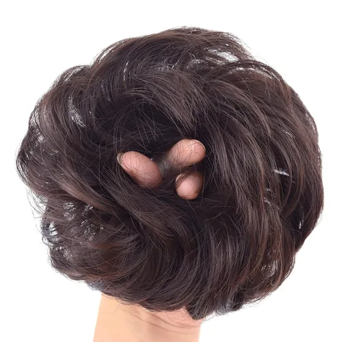 Vista 4 de Extensión de cola de caballo de moño desordenado de 1.23 oz de grosor medio, ondulado, rizado, sintético, coletero para mujer (6A # marrón oscuro)