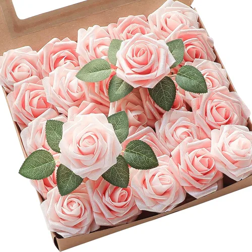 Vista 22 de Floroom Flores artificiales, 25 piezas de rosas falsas de espuma dorada antigua de aspecto real con tallos para ramos de boda DIY, centros de mesa