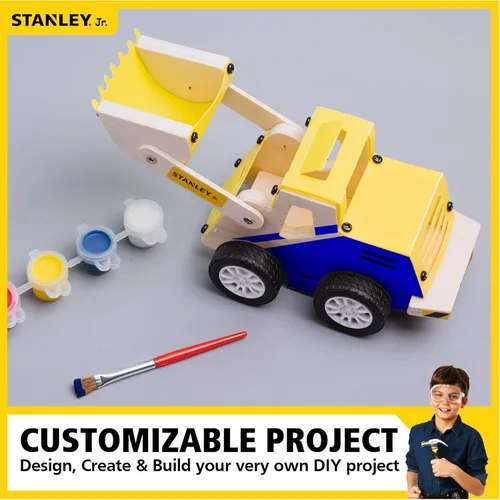 Vista 5 de Stanley Jr. Kit de manualidades de madera con cargador frontal de camión de juguete de construcción - Juguete de montaje de bricolaje para niños