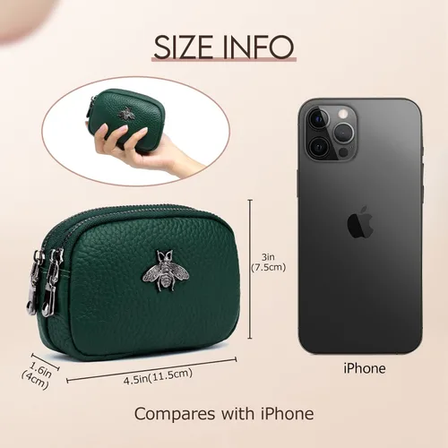 Vista 2 de imeetu Monedero de cuero para mujer, cartera pequeña con 2 bolsillos con cremallera, 4.5 x 3 x 1.6 inches, Estilo abeja