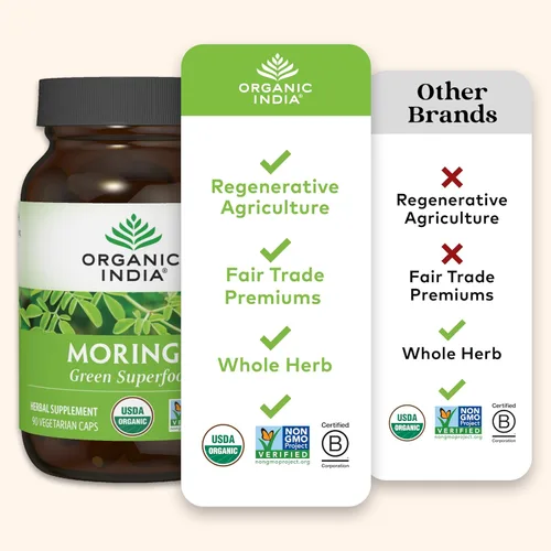 Vista 5 de ORGANIC INDIA Cápsulas de Moringa Orgánicas - Suplemento de Hoja de Moringa, Superalimento Verde, Superverde Puro, Superalimentos Veganos